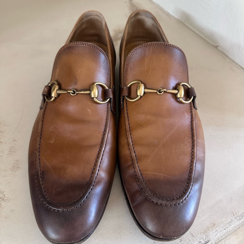 Gucci Tan Leather Loafers with Gold Hardware